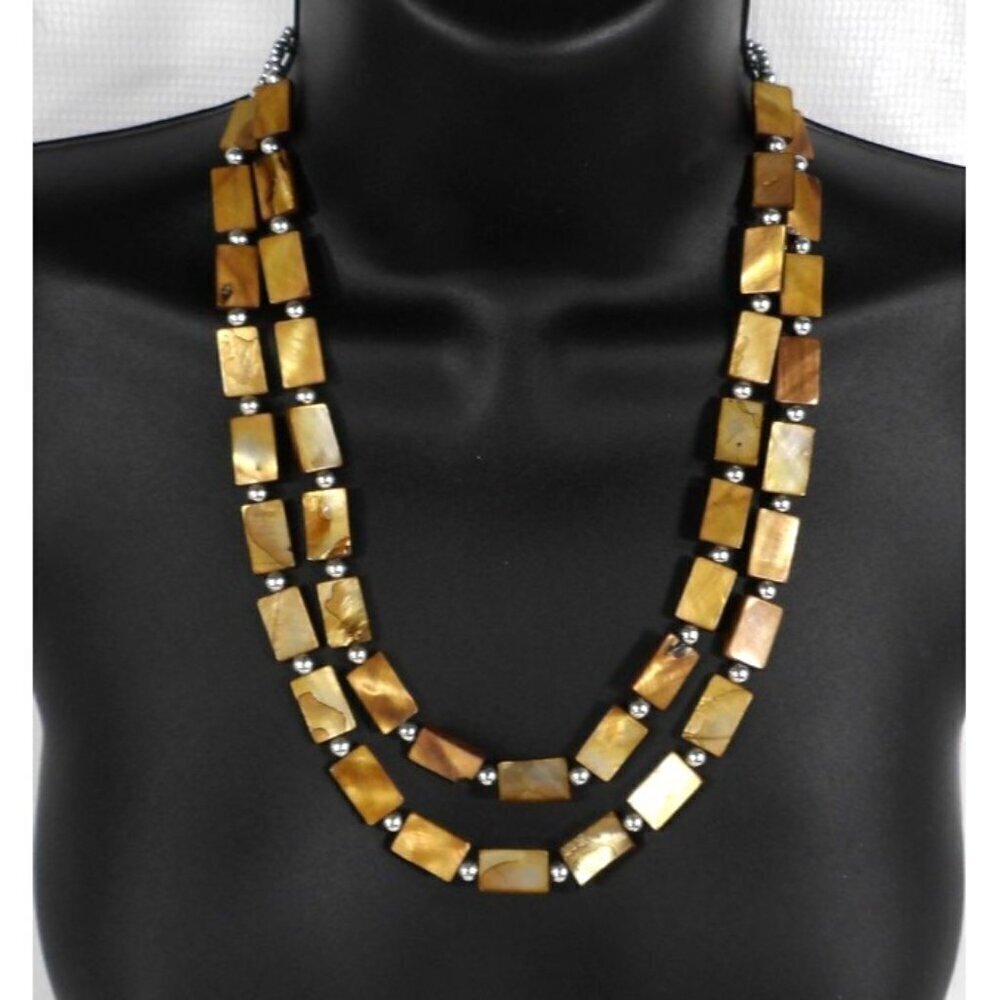 Vintage 2 strand brown rectangular beads with silver necklace 20" adjustable